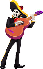 Cartoon mexican day of the dead dia de los muertos mariachi character skeleton playing a guitar, celebrating traditional Mexican festivity, showcasing the lively spirit and music of cultural event