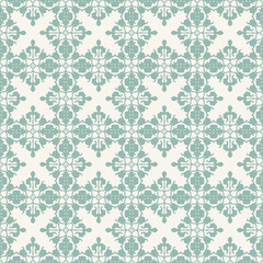 A repeating decorative pattern featuring intricate designs in teal on a light background.