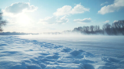Obraz premium Drifting snow across a frozen lake, winter weather, cold and desolate