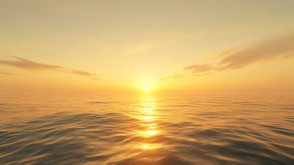 Golden sunset over a calm sea, clear weather, warm glow on the horizon