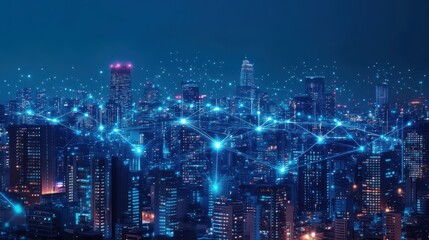 Naklejka premium Cityscape with glowing AI data links connecting skyscrapers, symbolizing an interconnected future world of digital technology