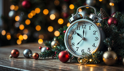 new year clock and christmas balls - new year decoration with clock