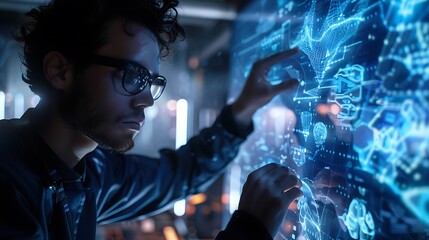 Fototapeta premium person with glasses in a technological laboratory manipulating a large 3D touch screen with his fingers