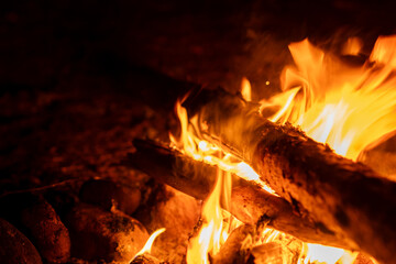 The campfire crackles and glows brightly at night, casting flickering light on nearby rocks and logs