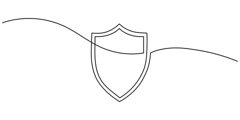 Continuous line drawing of a shield. One line drawing of defense symbol, security sign, protect linear icon. Protection concept isolated on transparent background. Editable stroke vector illustration