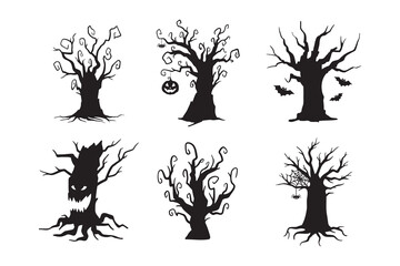 Halloween hand drawn spooky tree doodle silhouette set. Creepy trees 