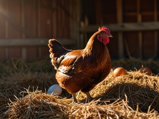 Sunlit hen in a barn with fresh eggs resting on golden hay