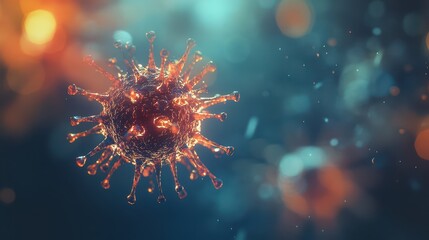 Fototapeta premium Close-up of a virus particle with intricate details, glowing softly in cool light, background blur with soft bokeh, depth of field effect, representing modern medical technology