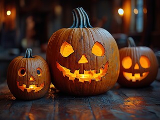 Fototapeta premium Halloween pumpkins with carved faces on their surfaces, illuminated by candlelight against the dark background of an old room..pumpkin with two smaller ones beside it.creating an atmosphere of spooky 