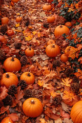 Suelo oto&ntilde;al con hojas caidas, pi&ntilde;as y calabazas. 
