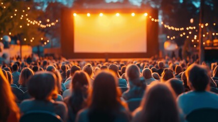 outdoor cinema screening with audience and glowing screen at dusk. entertainment event with crowd.