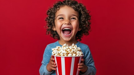 Happy child holding a bucket of popcorn with a red background. Joyful emotions and entertainment concept