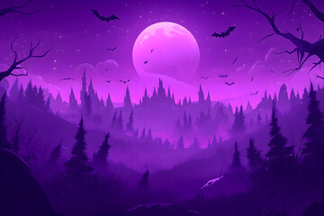 Fototapeta premium Halloween background with purple color scheme haunted house cute pumpkins