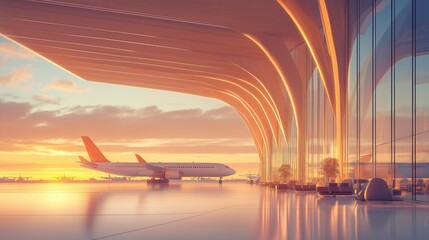 airport terminal with large windows and departing airplane at sunset. modern travel and transportation scene