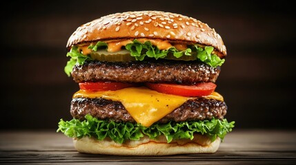 This appetizing cheeseburger features melted cheddar cheese and fresh lettuce nestled between a fluffy oversized bun, all highlighted against a contrasting dark backdrop.