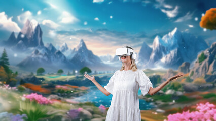 Excited smiling woman looking by VR surround wonderful fairytale forest mountain ice wonderland snowfall at steam water landscape meta magical world mysterious fantasy jungle in winter. Contraption..