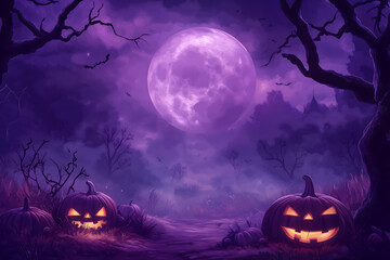 Halloween background with  purple color scheme haunted house cute pumpkins