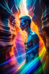 Stylized male figure in a colorful canyon with dynamic light trails and vibrant atmosphere