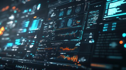 Futuristic digital screen with glowing data and information displays, showcasing a dynamic and complex network of data points.