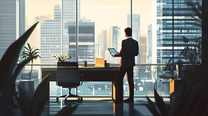 Fototapeta premium A professional standing at desk in high rise office, gazing out at city skyline. modern workspace is filled with natural light, creating an inspiring atmosphere for productivity and creativity