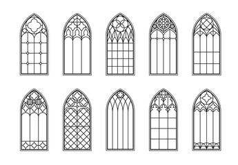 Medieval gothic church glass arch windows. Catholic temple or castle arched stained glasses. Isolated vector black outline silhouette arches. Vintage frames, cathedral interior European architecture