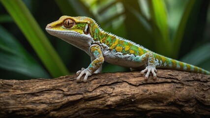 Fototapeta premium Fotorealistische Darstellung eines bunten Geckos auf einem Baumstamm – Naturgetreue Farben und feine Details