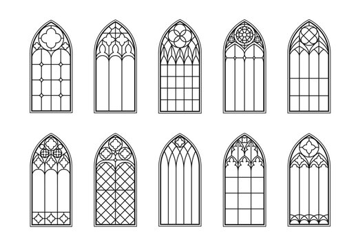Medieval gothic church glass arch windows. Catholic temple or castle arched stained glasses. Isolated vector black outline silhouette arches. Vintage frames, cathedral interior European architecture