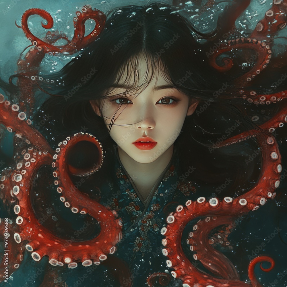 Wall mural A serene portrait of a girl surrounded by octopus tentacles.