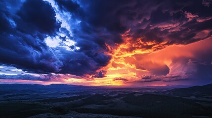 Dramatic Sunset Over Rolling Hills with Two-Toned Clouds