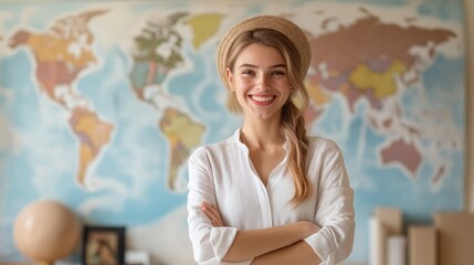 Smiling travel agent woman standing in front of world map. Professional tourism consultant background.