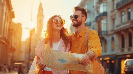 Couple exploring city with map during golden hour, travel and adventure concept.