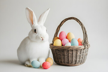 Charming White Rabbit with Wicker Basket of Colorful Easter Eggs on Simple White Background