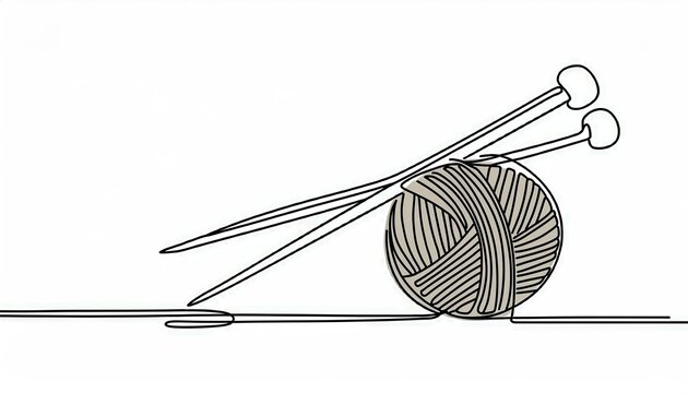 recommend clip art: Single continuous line drawing of knitting needles and a ball of wool