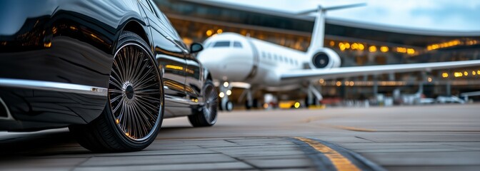 Obraz premium luxury car and private jet waiting at an airport during twilight. exclusive travel and wealth concept.