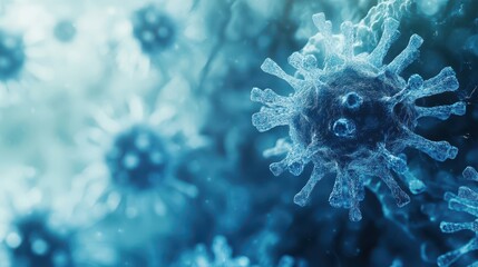 Fototapeta premium Close-up view of virus structures in a soft light environment, background fading into a blur, cool blue tones, and modern tech-inspired depth of field