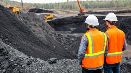 Two mining engineers in hard hats looking at an open pit mine, Two engineer looking at open-pit mine.