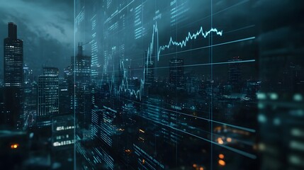 Digital display showing falling interest rates with a cityscape in the background, economic outlook