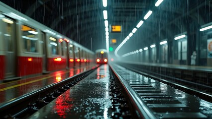 Obraz premium Rain-soaked subway platform with approaching train in a city during a stormy evening