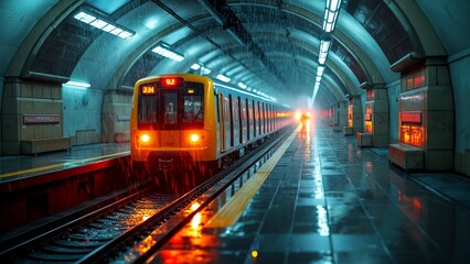 A yellow subway train arrives at a dimly lit station during a heavy rain in an urban area at dusk