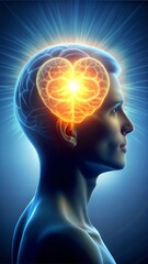 Human silhouette with glowing brain showcasing creativity and mental energy against dark background
