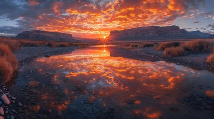 Dramatic sunset over a calm river reflecting vibrant colors in the sky.