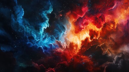 Fototapeta premium Colorful eruption featuring fiery reds and deep blues transitioning into a surreal dark background