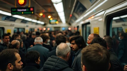 Crowded Subway Train with Commuters in Motion During Rush Hour