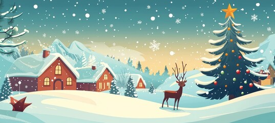 Charming Snow-Covered Village with Holiday Decorations and Christmas Lights for Seasonal Greeting Cards