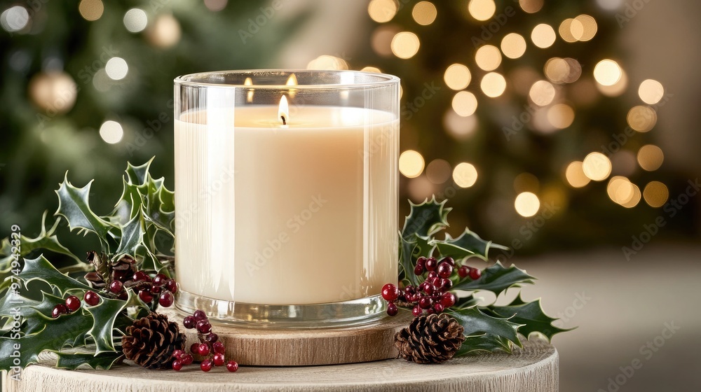 Wall mural A glass candle jar filled with cream wax and gentle flames rests on a wooden stand, surrounded by holly leaves and pine cones, enhancing the holiday ambiance