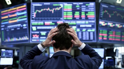 Man Facing Stock Market Monitors with Head in Hands