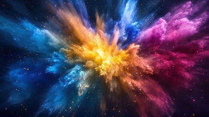 Fototapeta premium Colorful explosion with shifting hues from deep blues to bright yellows on a dark background