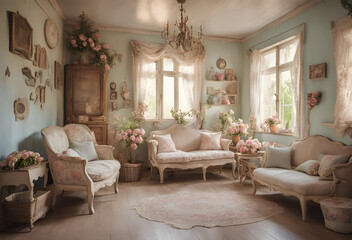 Photorealistic image of living room in Shabby chic style with two windows with many roses