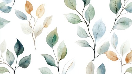 Fototapeta premium Delicate watercolor leaves in green, blue, light brown, and gray tones forming a continuous pattern on a clean white background