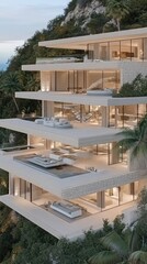 Fototapeta premium A stunning luxury mansion in Saudi Arabia boasts beige stone walls, expansive terraces, and large windows offering captivating seaside views at dusk